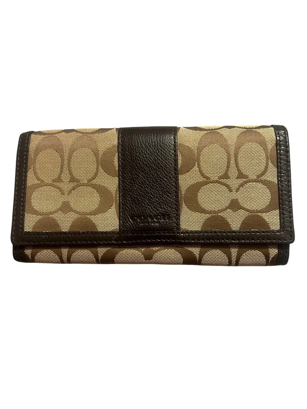 Coach Khaki and Brown Signature Continental Front Snap Full Size Wallet
